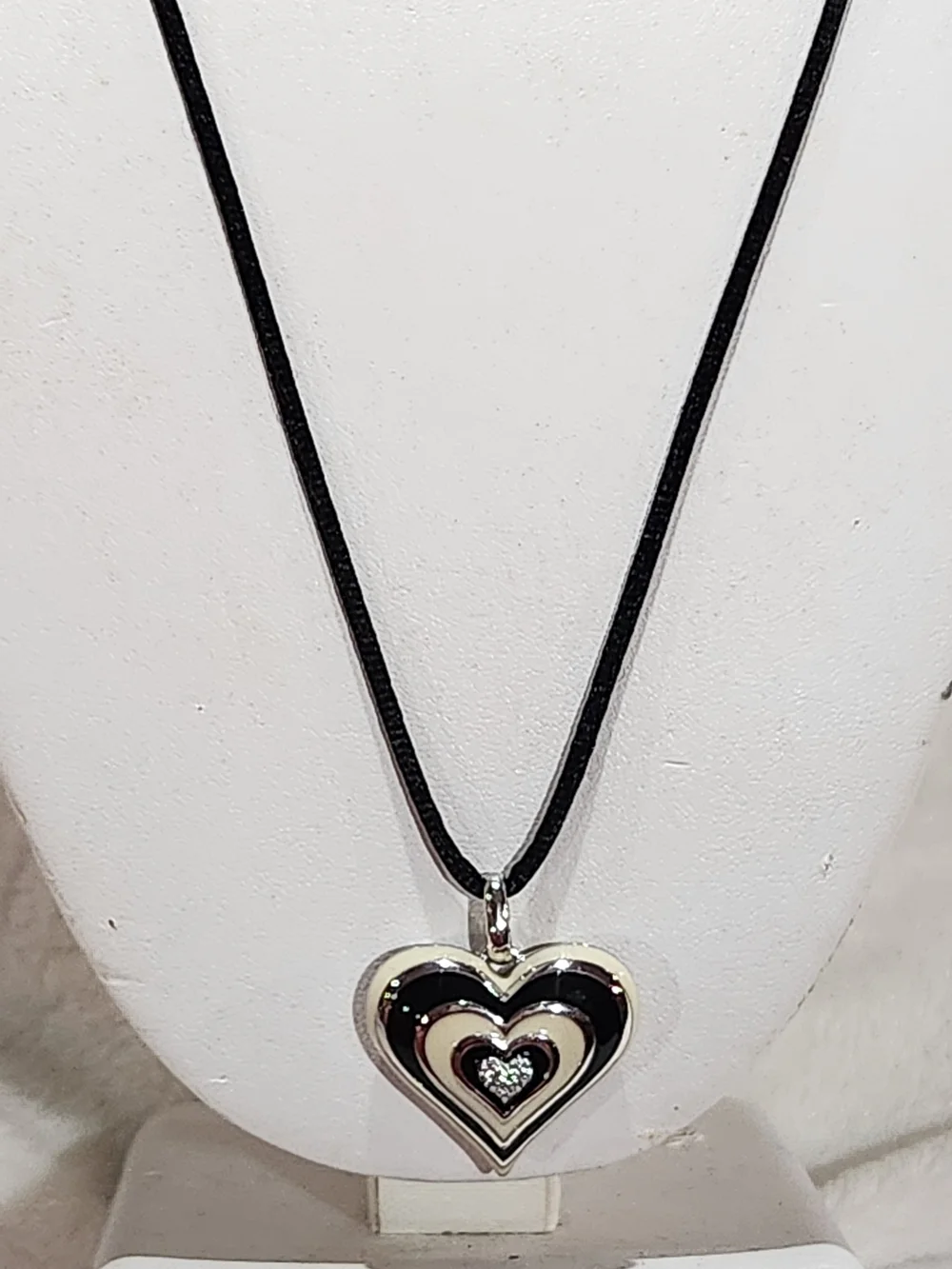 EMA Sterling Silver Enamel Heart Necklace with Silk Cord